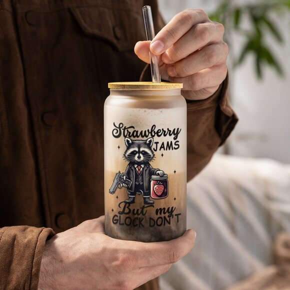 Strawberry Jams, But My Glock Don't Western, Funny Raccoon Cup, Glass Tumbler - Picture 2 of 6